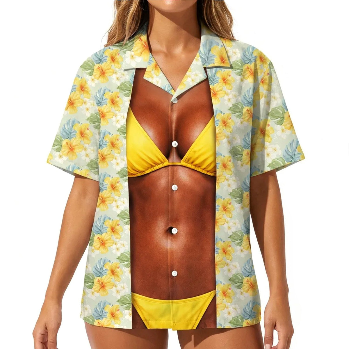 Adult wearing tropical floral hawaiian shirt outdoors