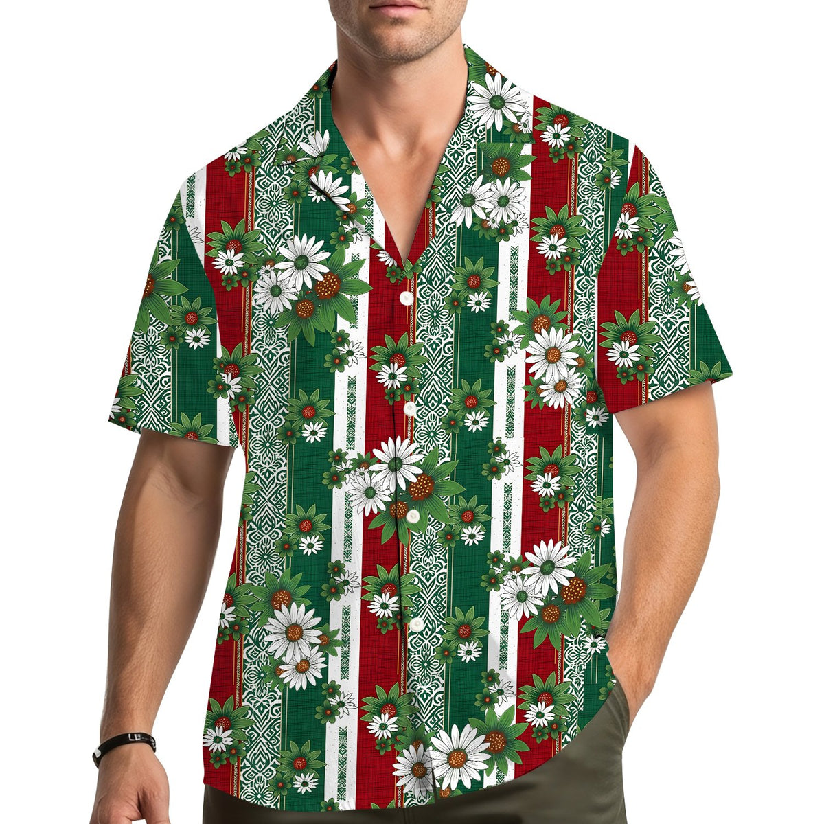 Tropical floral hawaiian shirt with neon parrots and hibiscus, alternate back view