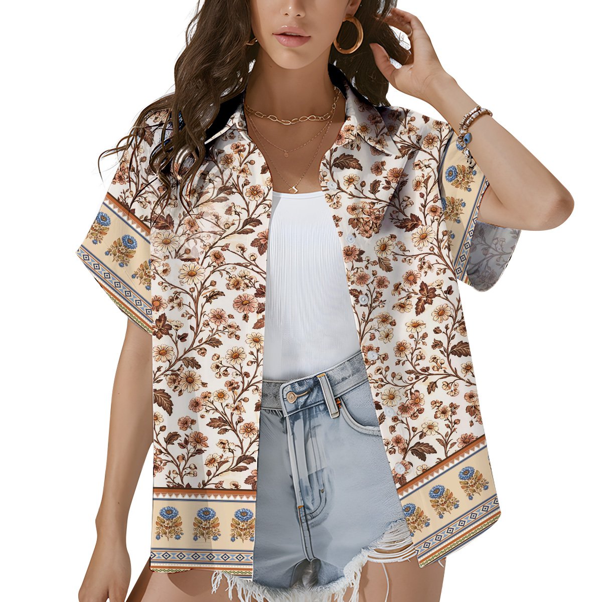 Lifestyle view of a person wearing the tropical floral hawaiian shirt