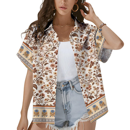 Lifestyle view of a person wearing the tropical floral hawaiian shirt