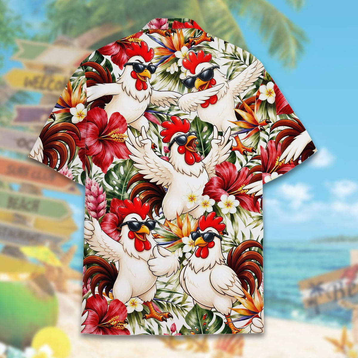 Lifestyle image of the tropical rooster hawaiian shirt