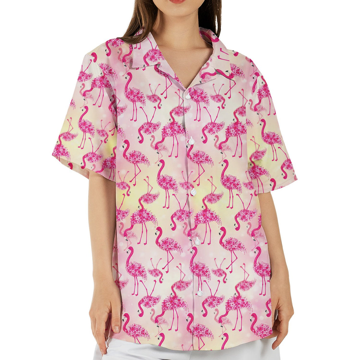 Lifestyle image of a person wearing the tropical floral hawaiian shirt outdoors