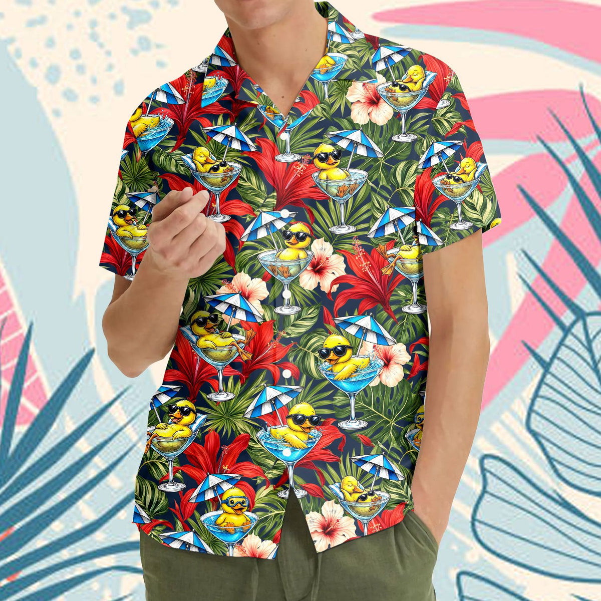Man wearing the duck martini hawaiian floral shirt men outdoors