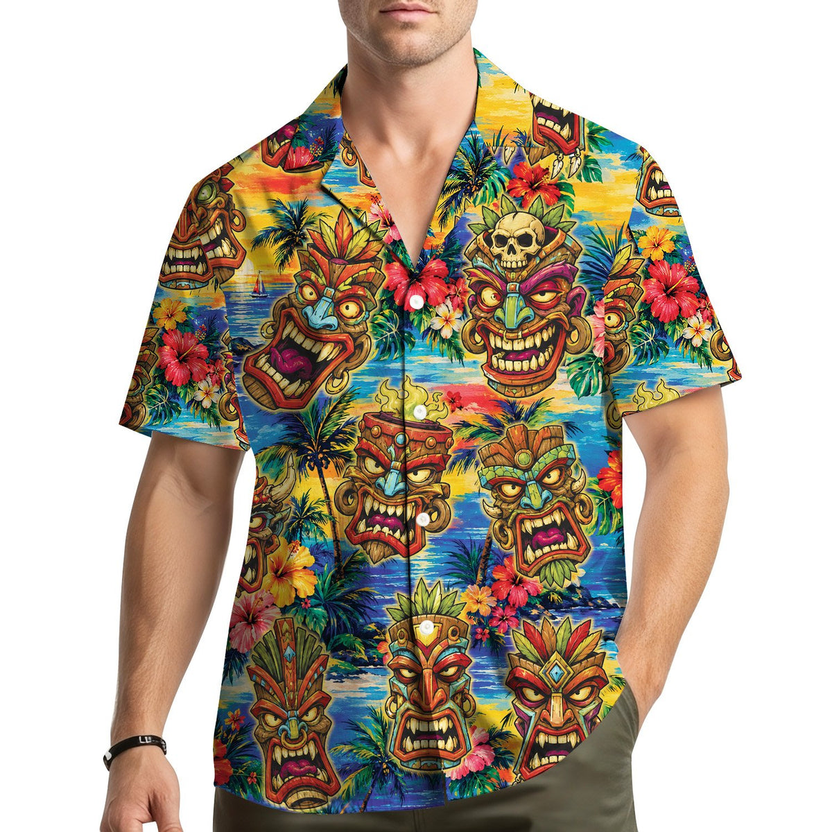 Lifestyle view of a person wearing the matching family hawaiian shirt outdoors