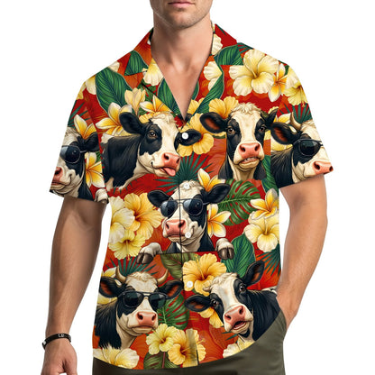 Family wearing matching tropical floral hawaiian shirts outdoors, lifestyle view