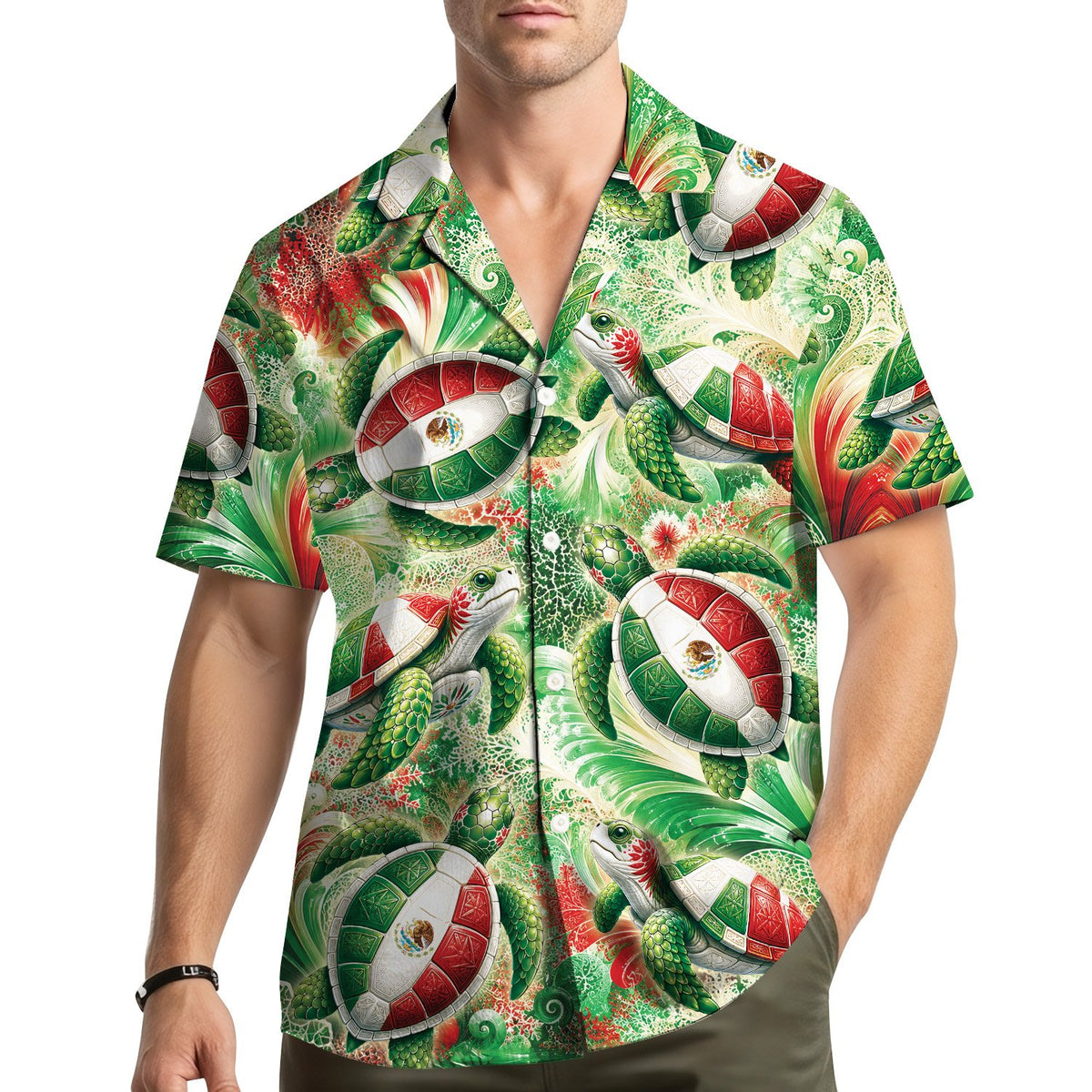 Lifestyle shot of a person wearing the matching family hawaiian shirt outdoors