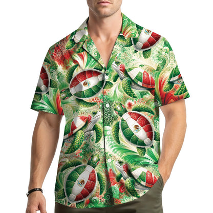 Lifestyle shot of a person wearing the matching family hawaiian shirt outdoors