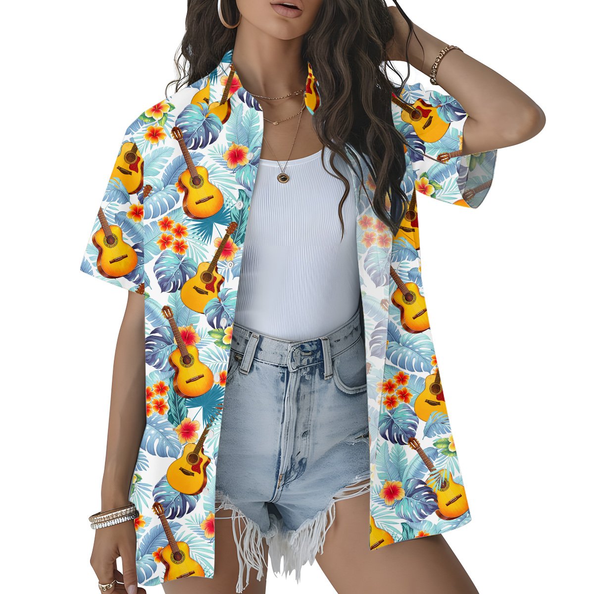 Lifestyle view of a person wearing the tropical floral hawaiian shirt outdoors