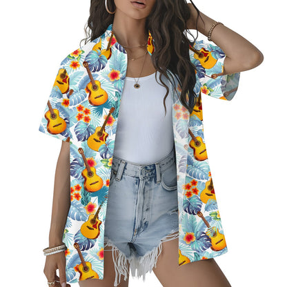 Lifestyle view of a person wearing the tropical floral hawaiian shirt outdoors