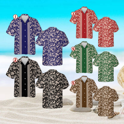 Multicolor assortment of matching family hawaiian shirts, folded view