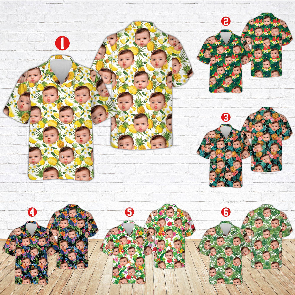 Multicolor matching family hawaiian shirts showing various patterns, group view