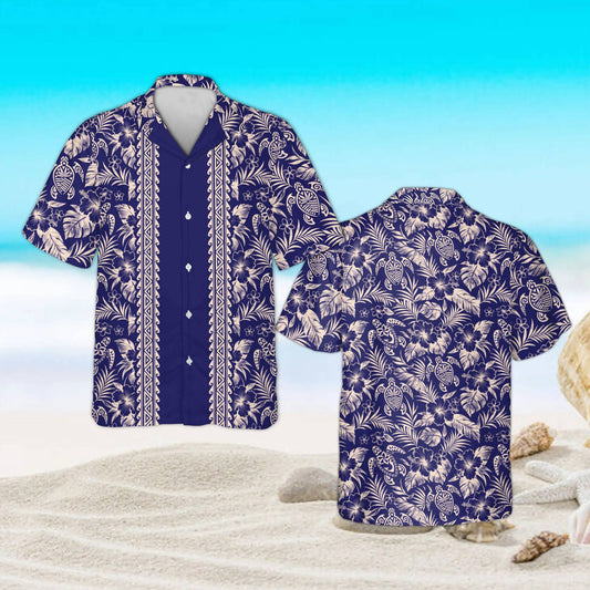 Navy tropical hawaiian shirt featuring hibiscus and sea turtles, front view