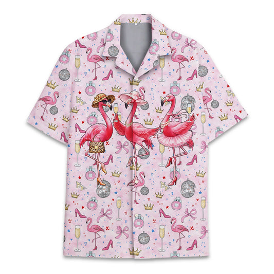 Main view of the tropical floral hawaiian shirt featuring pink flamingos