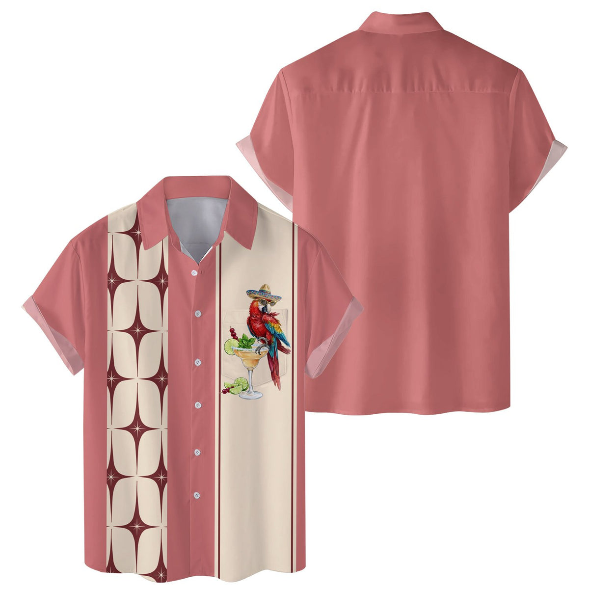 Front view of pink matching family hawaiian shirt with margarita graphic