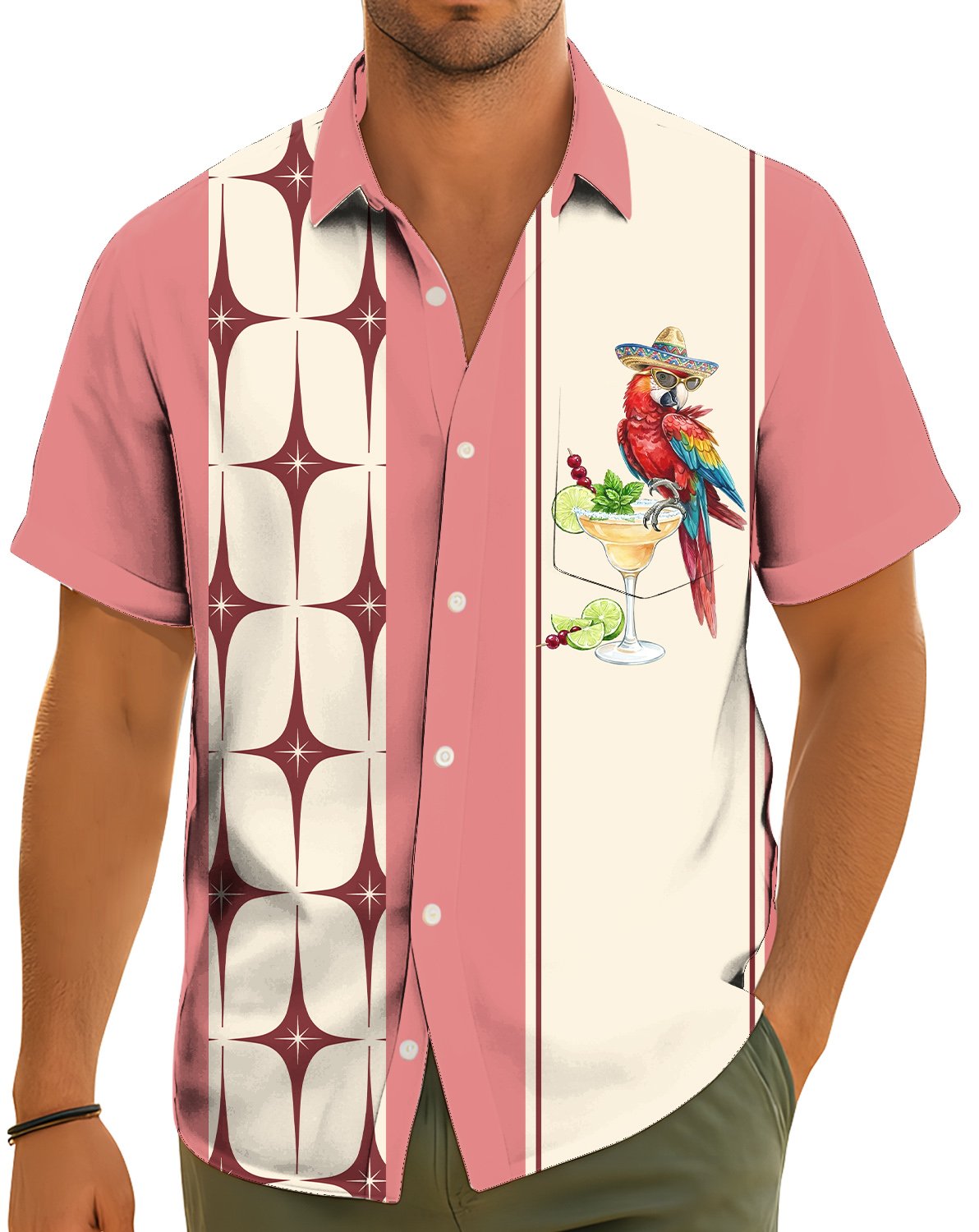 Lifestyle view of matching family hawaiian shirts in pink