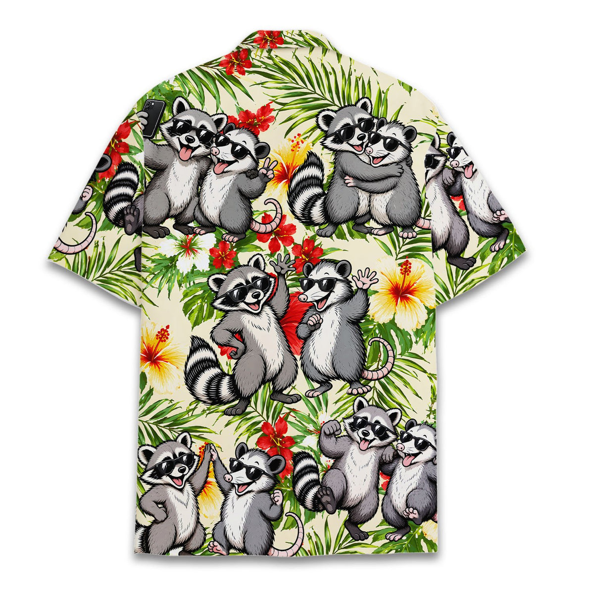 Back view of the tropical floral, raccoon, and possum hawaiian shirt