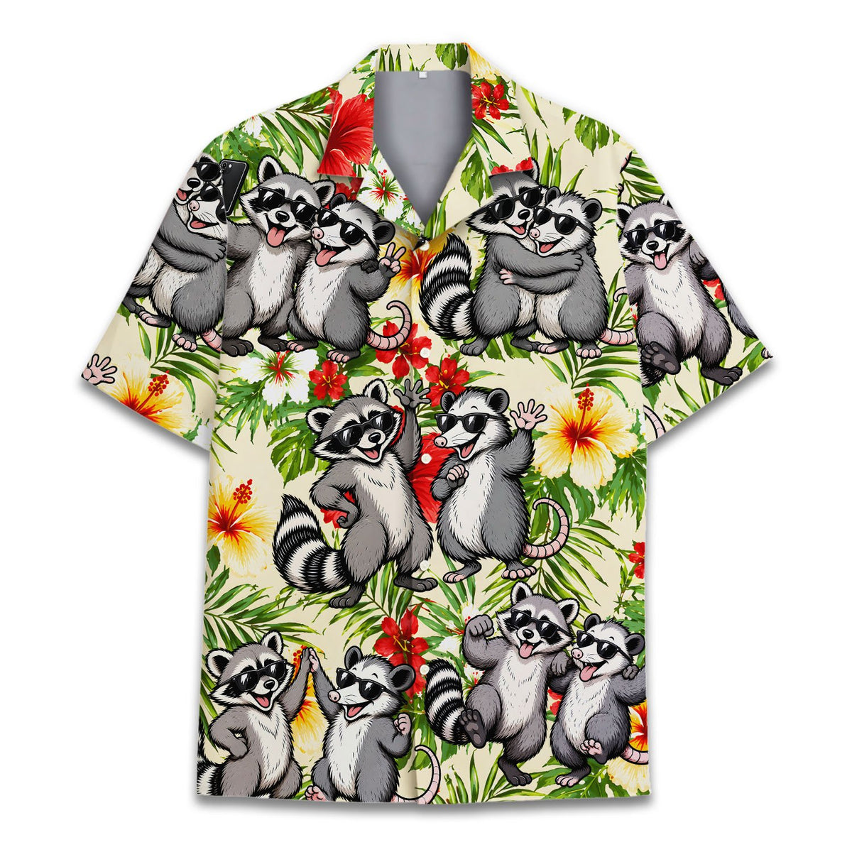Front view of the tropical raccoon and possum family hawaiian shirt