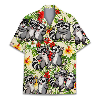 Front view of the tropical raccoon and possum family hawaiian shirt