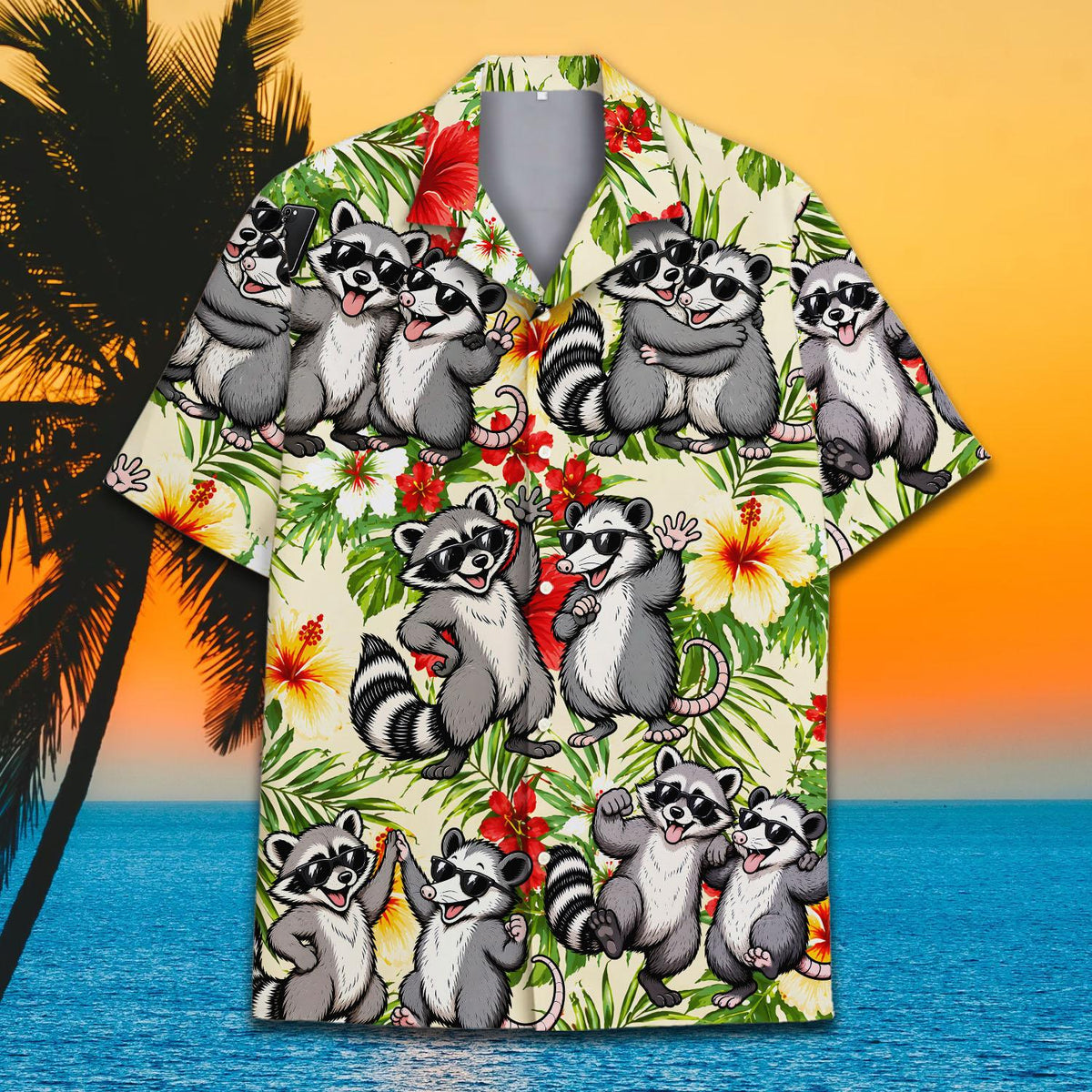 Close-up front view of the tropical floral, raccoon, and possum hawaiian shirt