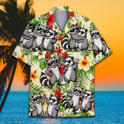 Close-up front view of the tropical floral, raccoon, and possum hawaiian shirt