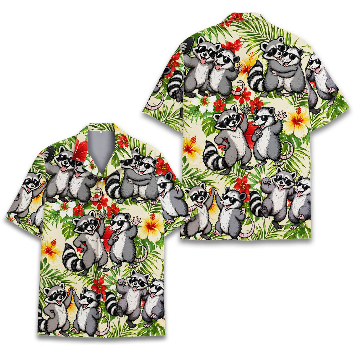 Another front view of the playful raccoon and possum hawaiian shirt