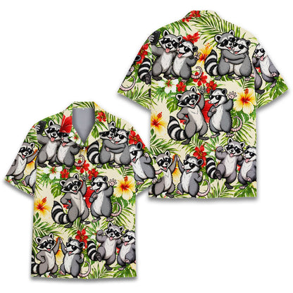 Another front view of the playful raccoon and possum hawaiian shirt