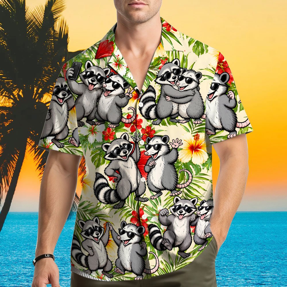 Matching family hawaiian shirt featuring tropical floral, raccoon, and possum design, front view