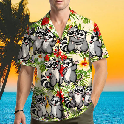 Matching family hawaiian shirt featuring tropical floral, raccoon, and possum design, front view