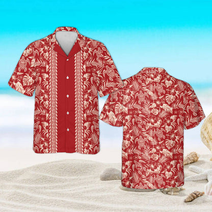 Red floral hawaiian shirt with tribal border, front view
