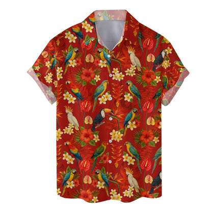 Close up front view of the tropical bird hawaiian shirt