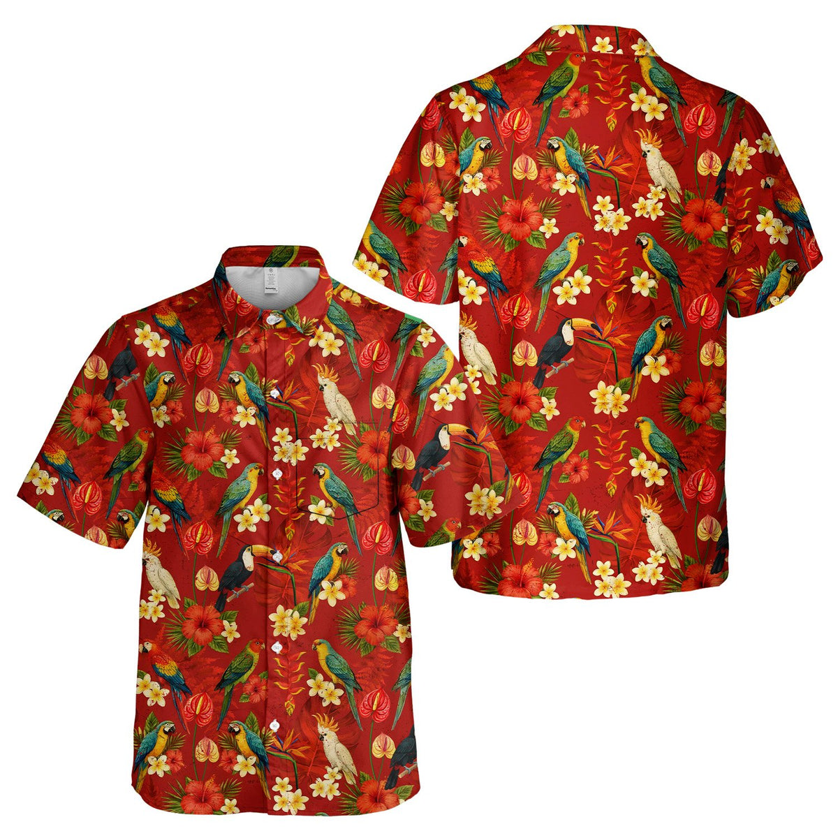 Tropical floral hawaiian shirt featuring macaws and hibiscus on red background, front view