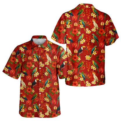Tropical floral hawaiian shirt featuring macaws and hibiscus on red background, front view
