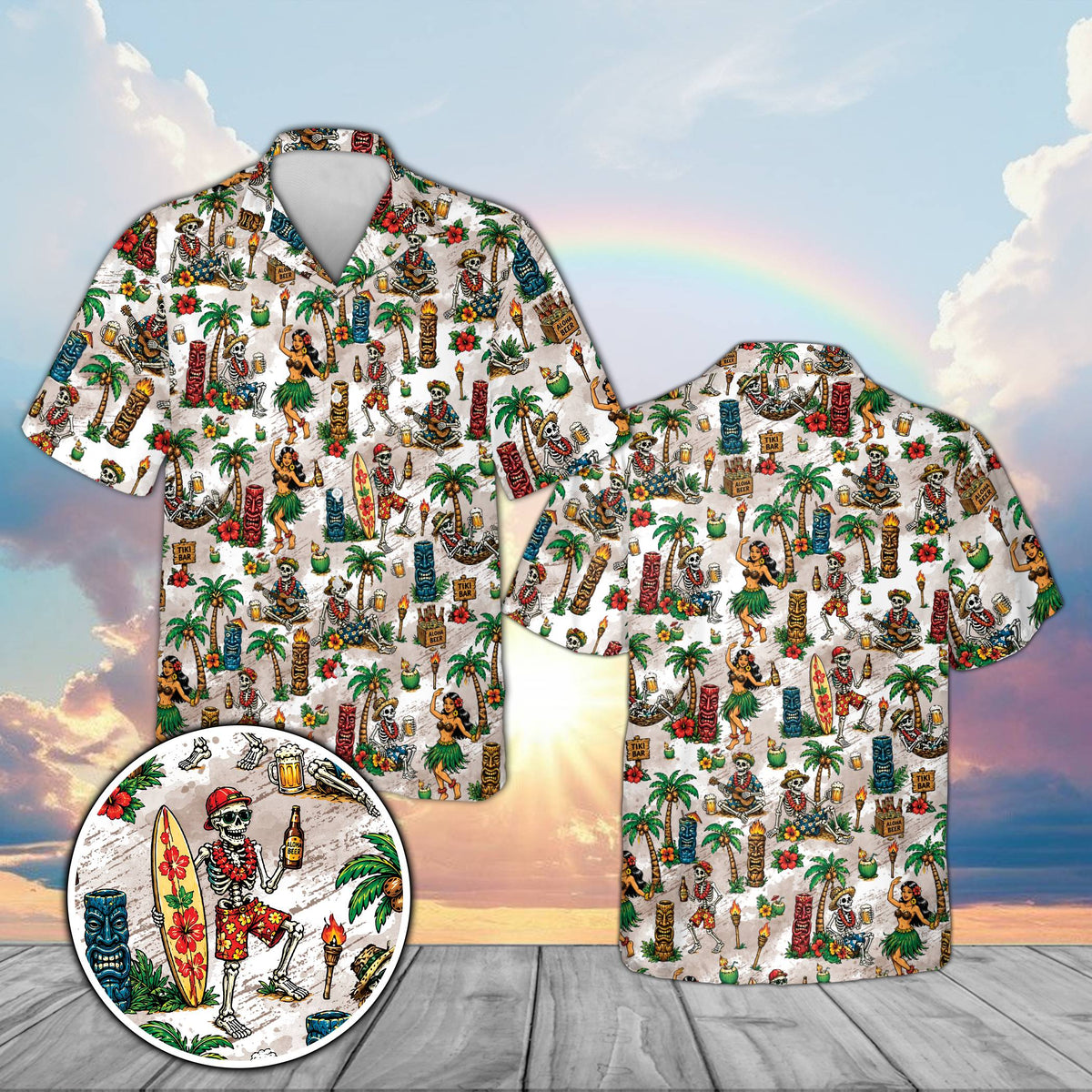 White tropical floral hawaiian shirt with tiki skeleton luau design, front view
