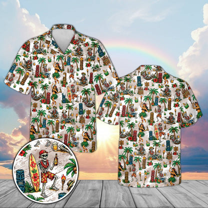 White tropical floral hawaiian shirt with tiki skeleton luau design, front view
