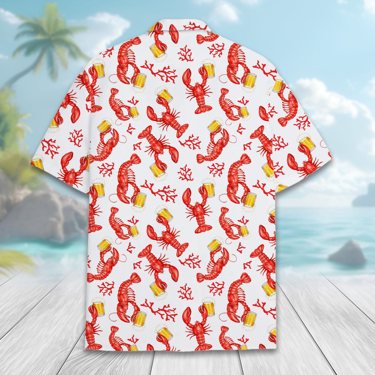 Alternate front view showing the tropical floral hawaiian shirt buttoned up