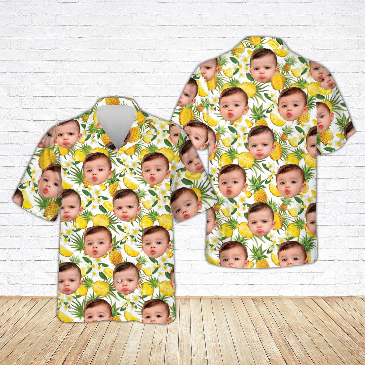 White tropical floral hawaiian shirt with custom name and number, main view
