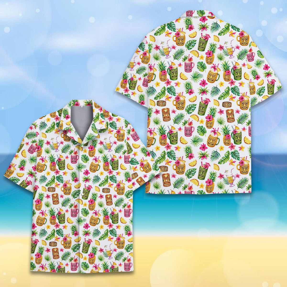Close up front view of the tropical pattern on the hawaiian shirt