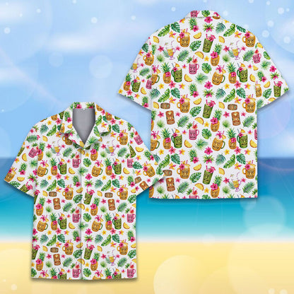 Close up front view of the tropical pattern on the hawaiian shirt