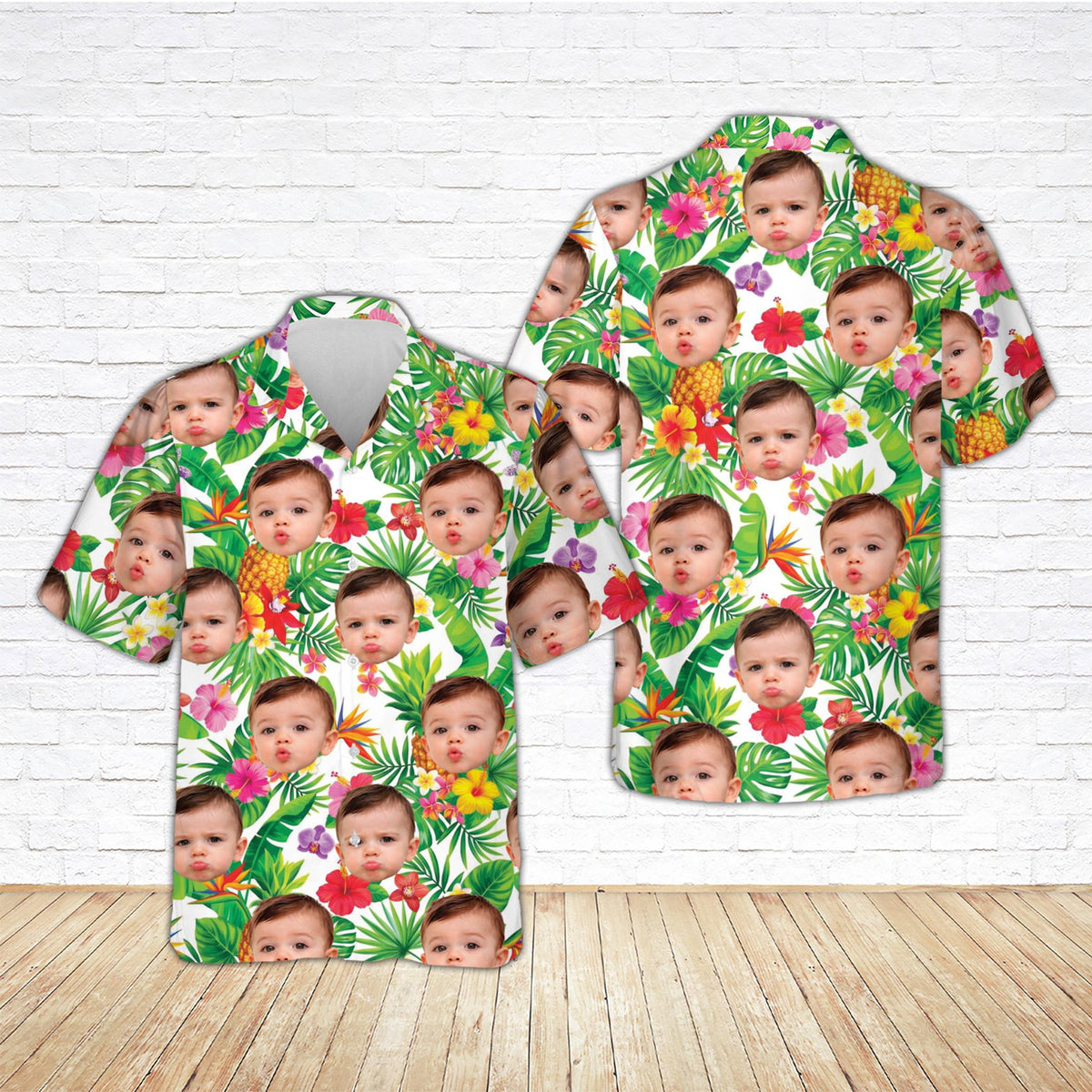 White matching family hawaiian shirt variant, front view
