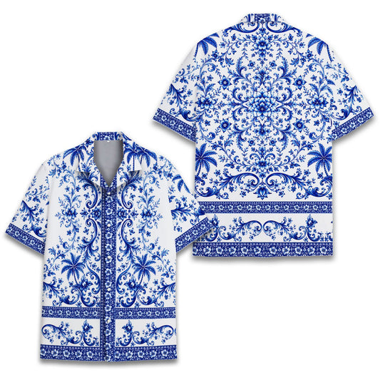 Front view of a blue and white tropical floral hawaiian shirt.