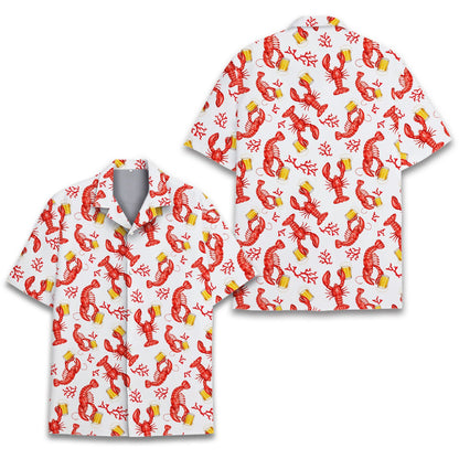 Front view of the lobster and beer matching family hawaiian shirt on white