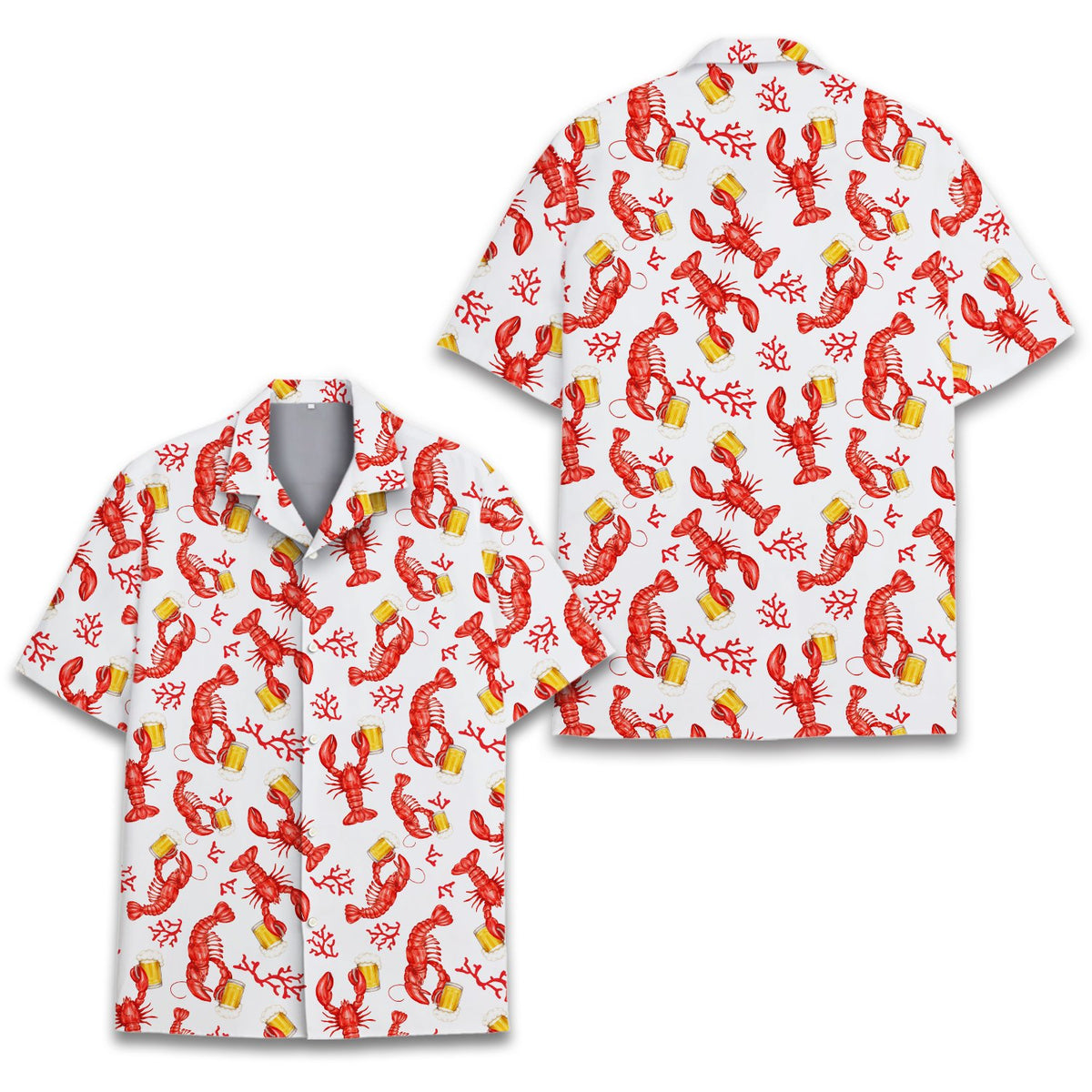 Main view of the tropical floral hawaiian shirt featuring red lobsters and beer mugs on a white background