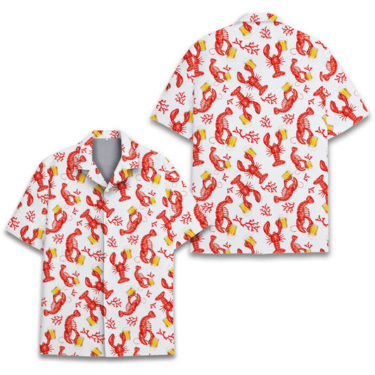 Main view of the tropical floral hawaiian shirt featuring red lobsters and beer mugs on a white background