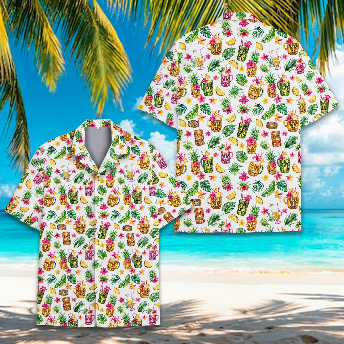 Front view of the white tropical floral hawaiian shirt with hibiscus and palm leaves