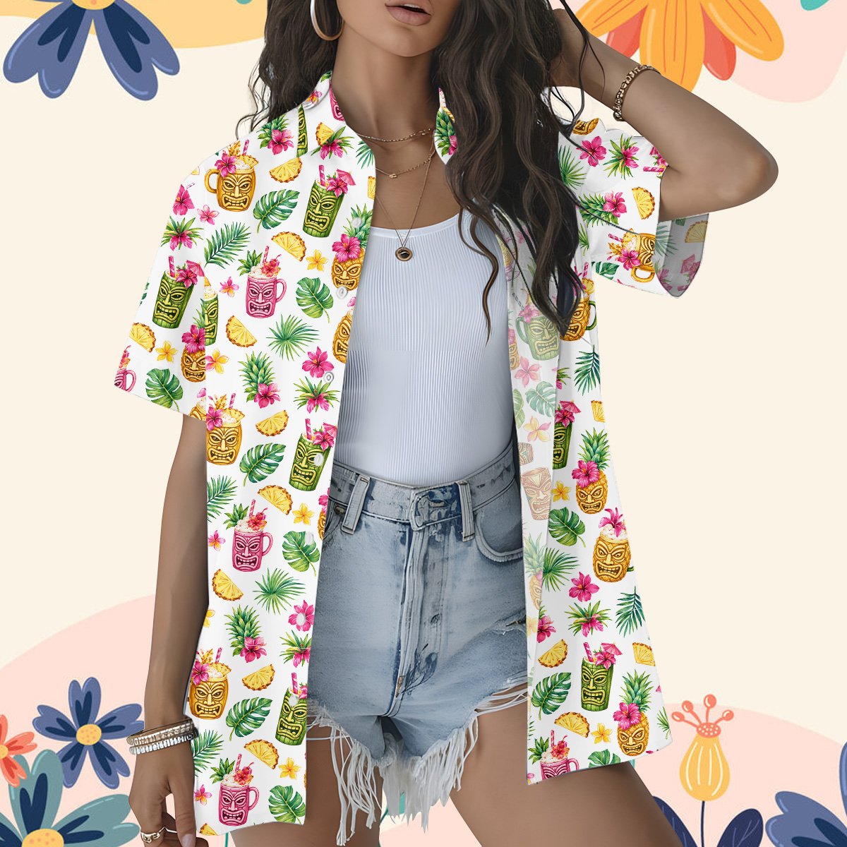 Third lifestyle view highlighting the vibrant tropical floral pattern in natural light