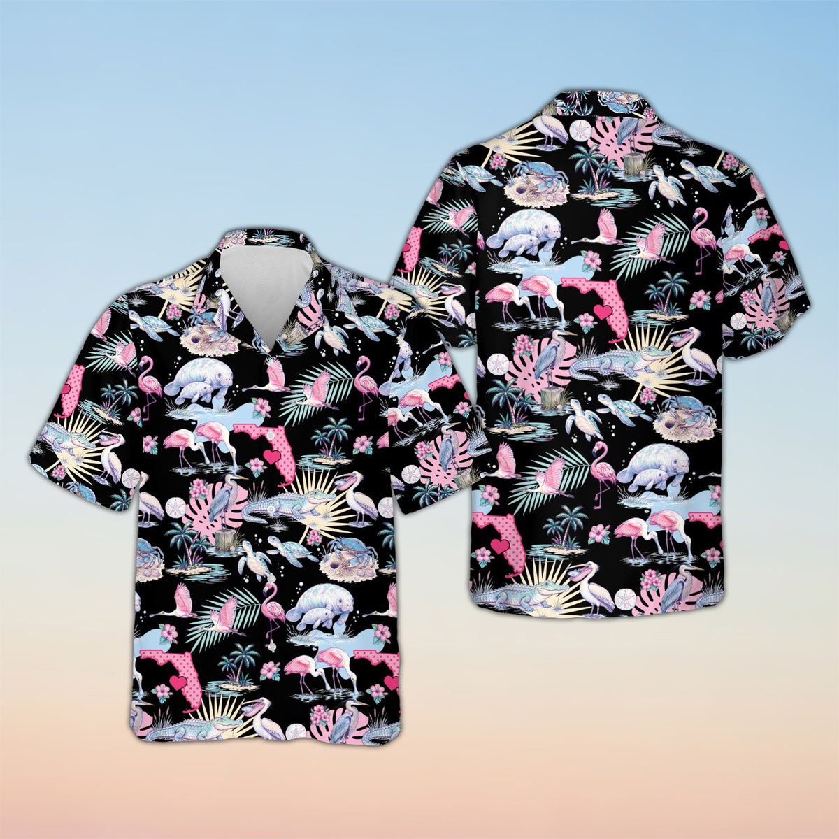 Tropical florida hawaiian shirt in black, front view