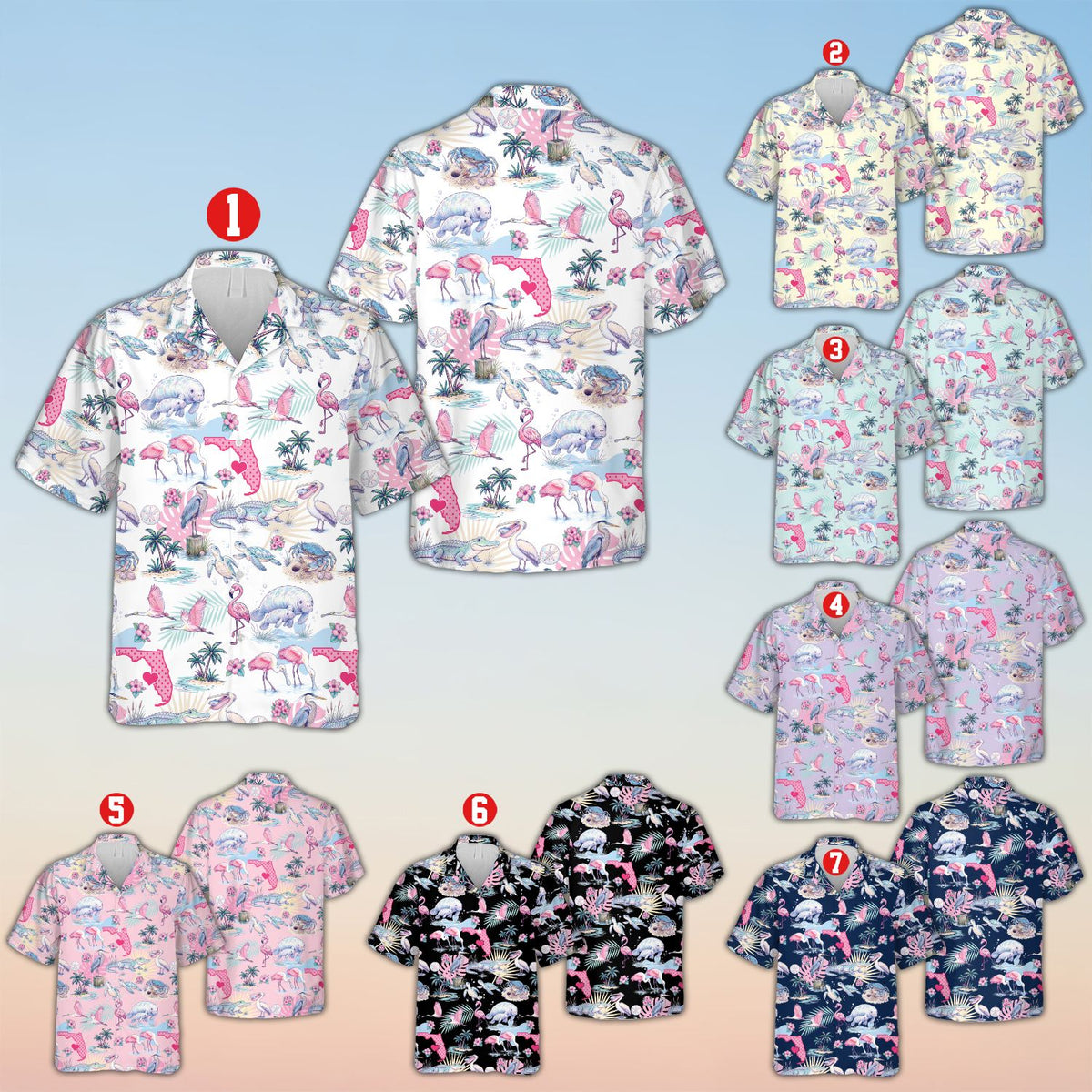 Tropical florida hawaiian shirt in multicolor pattern, front view