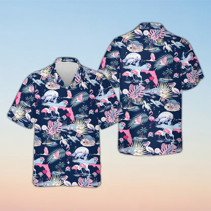 Tropical florida hawaiian shirt in navy, front view