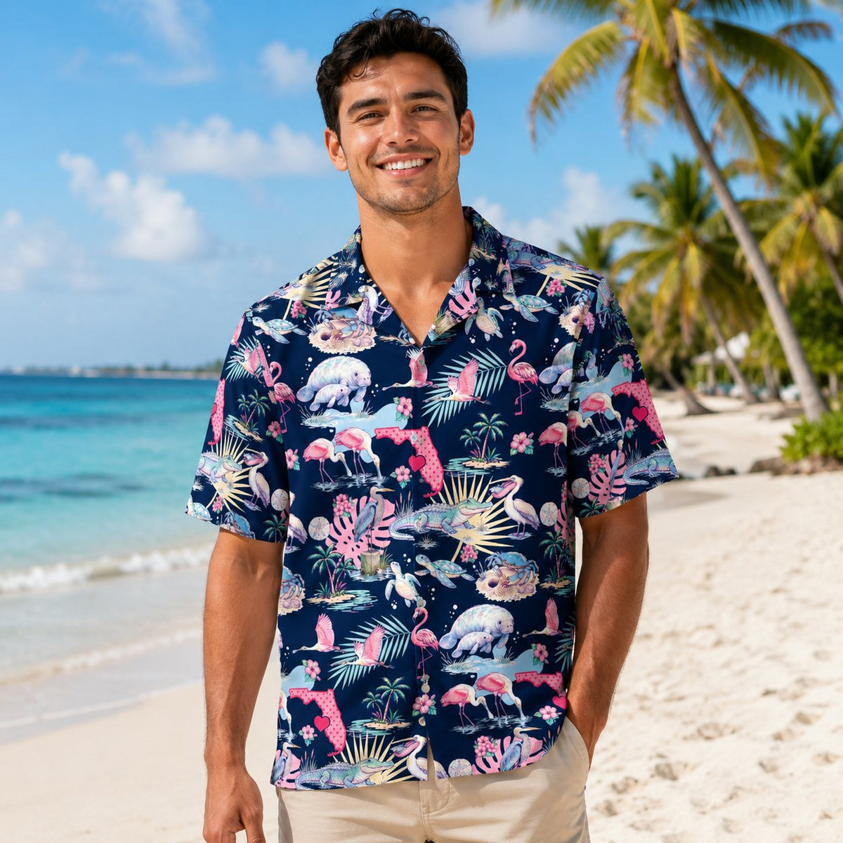 Lifestyle view of matching family hawaiian shirts in navy