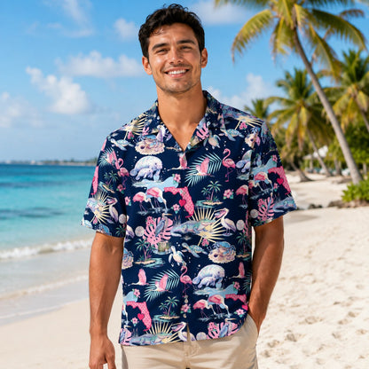 Lifestyle view of matching family hawaiian shirts in navy